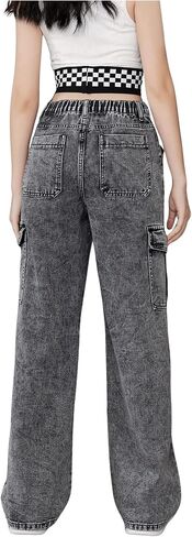 WDIRARA Girl's Flap Pocket Side High Waist Straight Leg Cargo Long Jeans Denim Pants in Kuwait