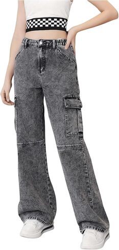 WDIRARA Girl's Flap Pocket Side High Waist Straight Leg Cargo Long Jeans Denim Pants in Kuwait
