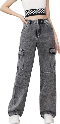 WDIRARA Girl's Flap Pocket Side High Waist Straight Leg Cargo Long Jeans Denim Pants in Kuwait