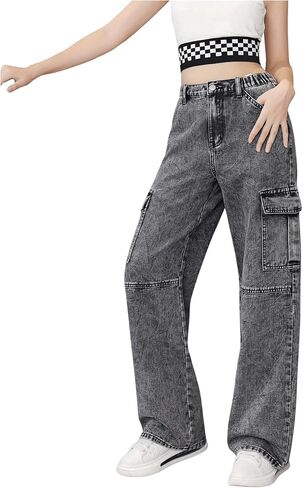 WDIRARA Girl's Flap Pocket Side High Waist Straight Leg Cargo Long Jeans Denim Pants in Kuwait
