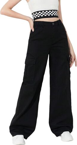 WDIRARA Girl's Flap Pocket Side High Waist Straight Leg Cargo Long Jeans Denim Pants in Kuwait
