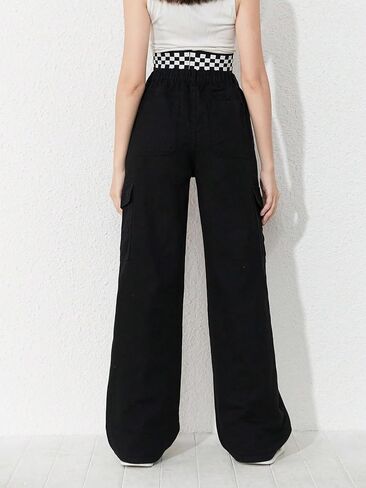WDIRARA Girl's Flap Pocket Side High Waist Straight Leg Cargo Long Jeans Denim Pants in Kuwait