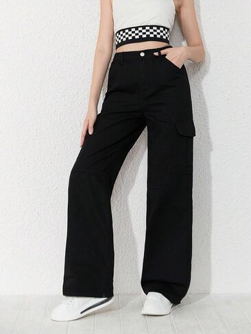WDIRARA Girl's Flap Pocket Side High Waist Straight Leg Cargo Long Jeans Denim Pants in Kuwait