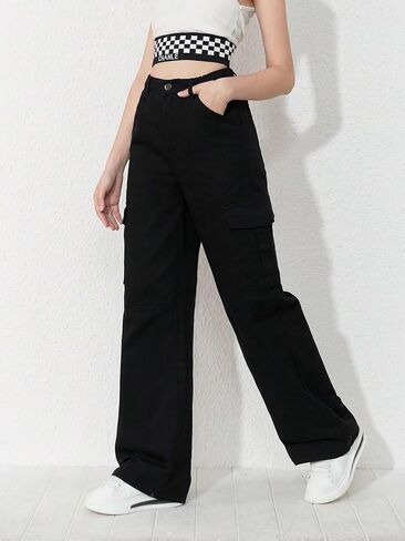 WDIRARA Girl's Flap Pocket Side High Waist Straight Leg Cargo Long Jeans Denim Pants in Kuwait