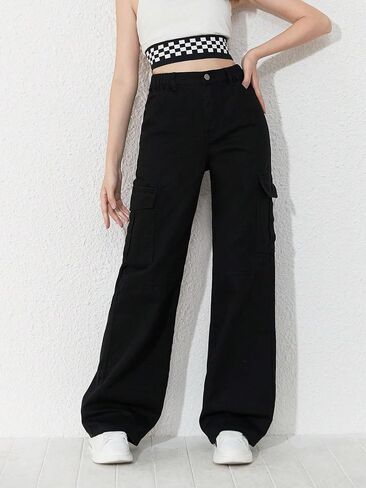 WDIRARA Girl's Flap Pocket Side High Waist Straight Leg Cargo Long Jeans Denim Pants in Kuwait