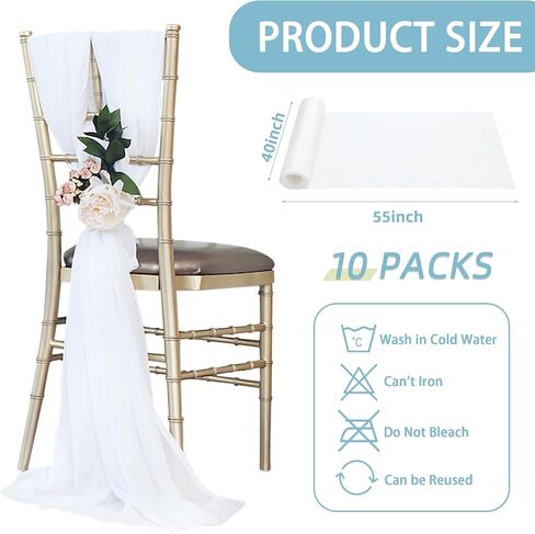 BUHUA 2 Pcs Wedding Chiffon Chair Sashes Cover Chiffon Chair Draping Fabric for Wedding Ceremony Banquet Bridal Party Home Decorations Outdoor Decor, Ivory White, 40 x 55 Inches in Kuwait
