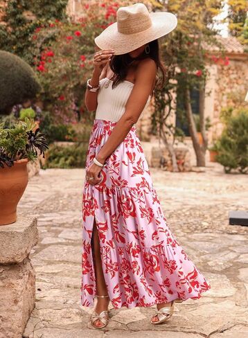 Happy Sailed Skirts for Women Spring Summer Boho Floral Print High Waist Flowy Split A Line Maxi Skirt with Pockets in Saudi Arabia