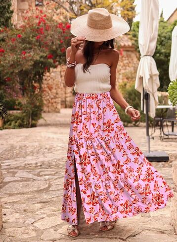 Happy Sailed Skirts for Women Spring Summer Boho Floral Print High Waist Flowy Split A Line Maxi Skirt with Pockets in Saudi Arabia