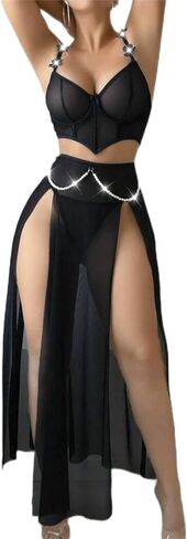 Sheer Mesh Two-Piece Dress with Pearl Accents, Split-Leg Alluring Nightwear Set for Women (Sizes M-XL) in Kuwait