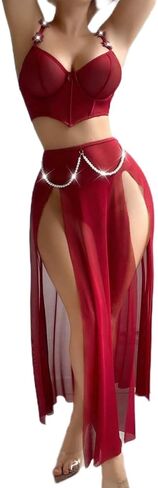 Sheer Mesh Two-Piece Dress with Pearl Accents, Split-Leg Alluring Nightwear Set for Women (Sizes M-XL) in Kuwait