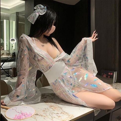 امرأة يابانية مثيرة كيمونو شير من خلال بيجاماس تأثيري ديب الخامس Linger Lingerie Lingeries in Kuwait