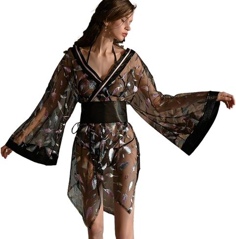 امرأة يابانية مثيرة كيمونو شير من خلال بيجاماس تأثيري ديب الخامس Linger Lingerie Lingeries in Kuwait