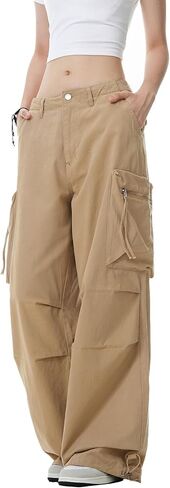 Wzikai Womens Parachute Cargo Pants Y2K سراويل شحن فضفاضة ساق واسعة من الركض غير الرسمي مع جيوب in Kuwait