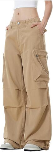 Wzikai Womens Parachute Cargo Pants Y2K سراويل شحن فضفاضة ساق واسعة من الركض غير الرسمي مع جيوب in Kuwait