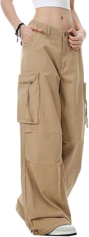 Wzikai Womens Parachute Cargo Pants Y2K سراويل شحن فضفاضة ساق واسعة من الركض غير الرسمي مع جيوب in Kuwait