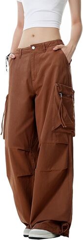 Wzikai Womens Parachute Cargo Pants Y2K سراويل شحن فضفاضة ساق واسعة من الركض غير الرسمي مع جيوب in Kuwait