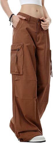 Wzikai Womens Parachute Cargo Pants Y2K سراويل شحن فضفاضة ساق واسعة من الركض غير الرسمي مع جيوب in Kuwait