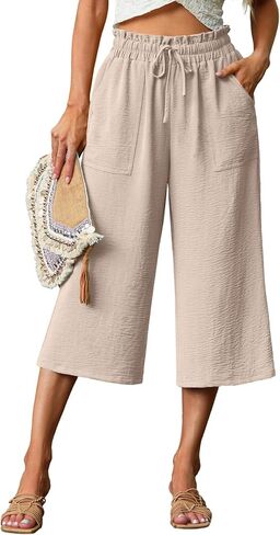 Lepunuo Women's Wide Leg Capri Pants High Waisted Palazzo Pants Adjustable Casual Tie Knot Pants with Pockets in Saudi Arabia