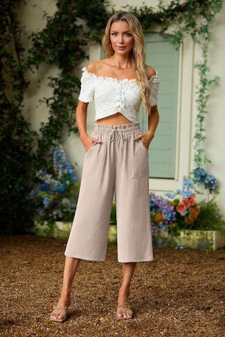 Lepunuo Women's Wide Leg Capri Pants High Waisted Palazzo Pants Adjustable Casual Tie Knot Pants with Pockets in Saudi Arabia