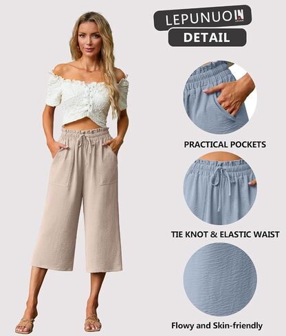 Lepunuo Women's Wide Leg Capri Pants High Waisted Palazzo Pants Adjustable Casual Tie Knot Pants with Pockets in Saudi Arabia