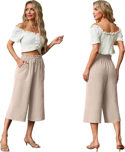 Lepunuo Women's Wide Leg Capri Pants High Waisted Palazzo Pants Adjustable Casual Tie Knot Pants with Pockets in Saudi Arabia