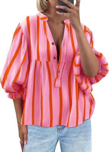 Tankaneo Womens Puff Sleeve Babydoll Tops Summer V Neck Striped Blouse Cute Casual Loose Fit Flowy Shirts in Saudi Arabia