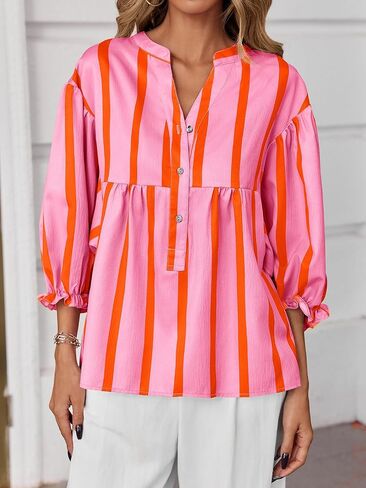 Tankaneo Womens Puff Sleeve Babydoll Tops Summer V Neck Striped Blouse Cute Casual Loose Fit Flowy Shirts in Saudi Arabia