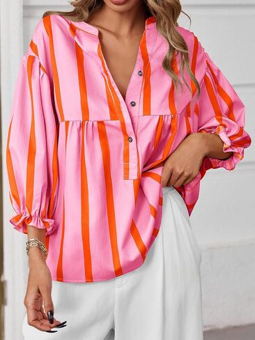 Tankaneo Womens Puff Sleeve Babydoll Tops Summer V Neck Striped Blouse Cute Casual Loose Fit Flowy Shirts in Saudi Arabia