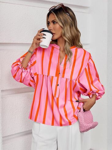 Tankaneo Womens Puff Sleeve Babydoll Tops Summer V Neck Striped Blouse Cute Casual Loose Fit Flowy Shirts in Saudi Arabia