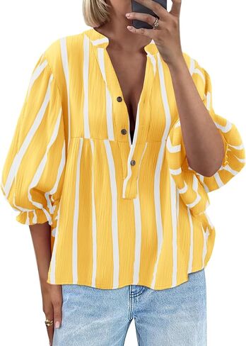 Tankaneo Womens Puff Sleeve Babydoll Tops Summer V Neck Striped Blouse Cute Casual Loose Fit Flowy Shirts in Saudi Arabia
