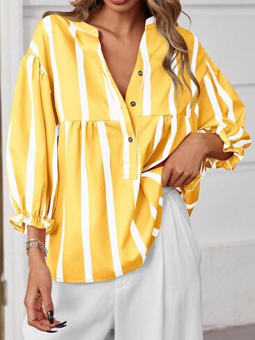 Tankaneo Womens Puff Sleeve Babydoll Tops Summer V Neck Striped Blouse Cute Casual Loose Fit Flowy Shirts in Saudi Arabia