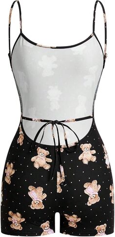 Wdirara Women's Cartoon Bear Printless Romper Pajama Spaghetti Strap Chemise Lightgown Onesie in Kuwait