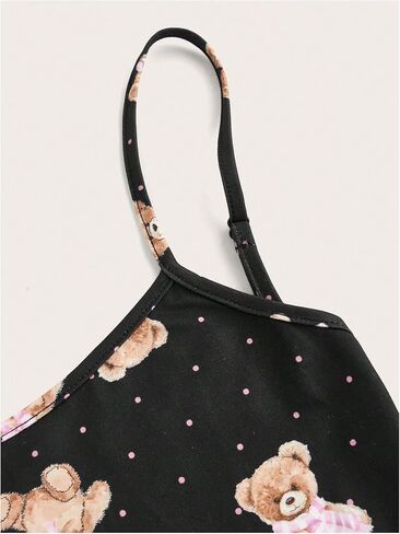 Wdirara Women's Cartoon Bear Printless Romper Pajama Spaghetti Strap Chemise Lightgown Onesie in Kuwait
