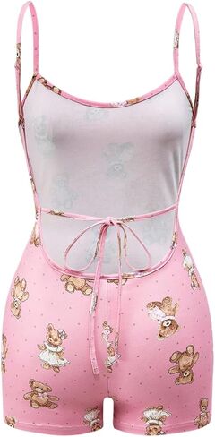 Wdirara Women's Cartoon Bear Printless Romper Pajama Spaghetti Strap Chemise Lightgown Onesie in Kuwait