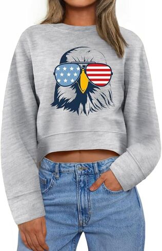Ymoshoe 4th of July Sweatshirts For Women USA Cropped Sweatshirt American Flag Sweaters Long Sleeve Patriotic Crop Tops 2025 in Saudi Arabia
