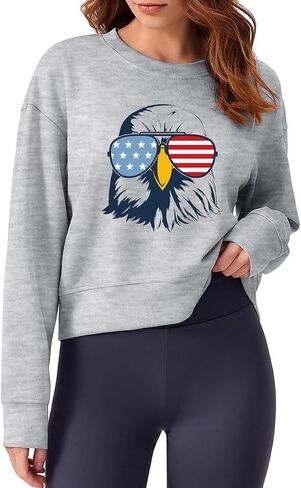 Ymoshoe 4th of July Sweatshirts For Women USA Cropped Sweatshirt American Flag Sweaters Long Sleeve Patriotic Crop Tops 2025 in Saudi Arabia