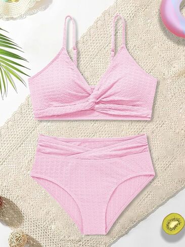 Girls Swimsuit Solid Bathing Suit 2 Piece Twist Cross Adjustable Straps Bikinis for Teen Girls with Chest Pad in Kuwait