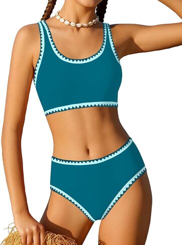WIQI Girls Swimsuits bikini مجموعة 2 قطعة بدلة الاستحمام لون التباين تقليم ملابس السباحة حجم 7-16 in Kuwait