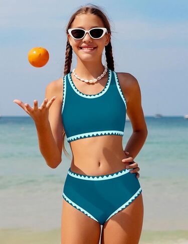 WIQI Girls Swimsuits bikini مجموعة 2 قطعة بدلة الاستحمام لون التباين تقليم ملابس السباحة حجم 7-16 in Kuwait