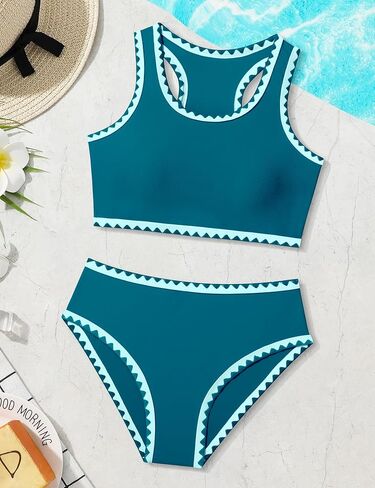 WIQI Girls Swimsuits bikini مجموعة 2 قطعة بدلة الاستحمام لون التباين تقليم ملابس السباحة حجم 7-16 in Kuwait