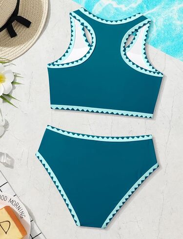 WIQI Girls Swimsuits bikini مجموعة 2 قطعة بدلة الاستحمام لون التباين تقليم ملابس السباحة حجم 7-16 in Kuwait