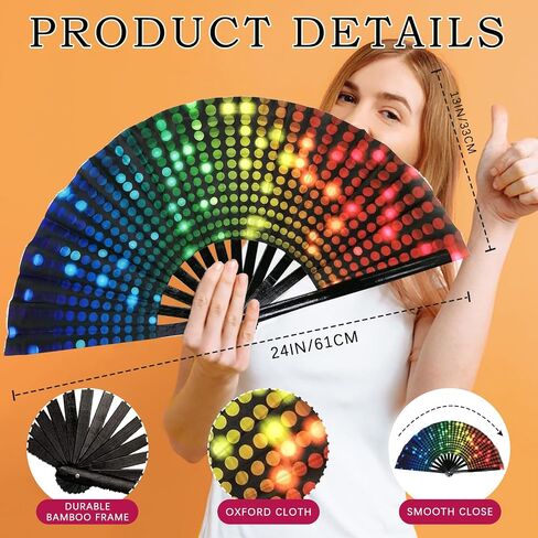 مروحة قابلة للطي UV Glow Rave Bamboo Hand Fan Carnival Decoration Dancing Party Wedding Night Club Club Tai Chi Kung Fu Large (Multicoloured-10) in Kuwait