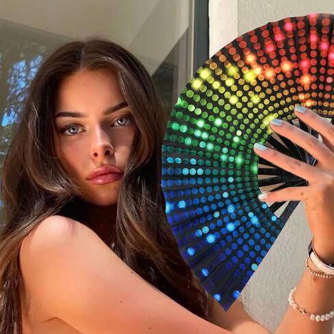 مروحة قابلة للطي UV Glow Rave Bamboo Hand Fan Carnival Decoration Dancing Party Wedding Night Club Club Tai Chi Kung Fu Large (Multicoloured-10) in Kuwait