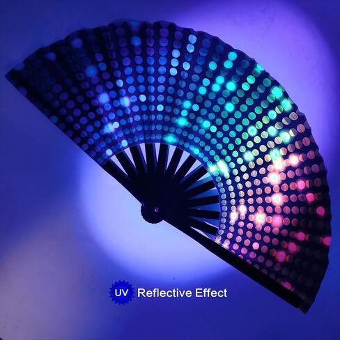 مروحة قابلة للطي UV Glow Rave Bamboo Hand Fan Carnival Decoration Dancing Party Wedding Night Club Club Tai Chi Kung Fu Large (Multicoloured-10) in Kuwait