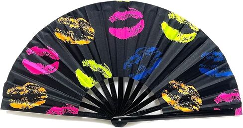 مروحة قابلة للطي UV Glow Rave Bamboo Hand Fan Carnival Decoration Dancing Party Wedding Night Club Club Tai Chi Kung Fu Large (Multicoloured-10) in Kuwait