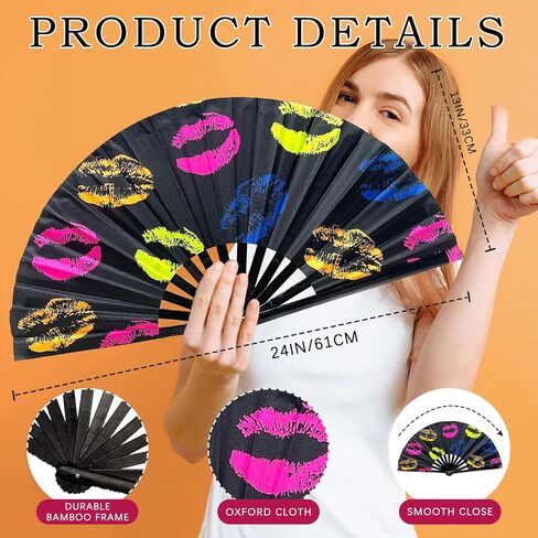 مروحة قابلة للطي UV Glow Rave Bamboo Hand Fan Carnival Decoration Dancing Party Wedding Night Club Club Tai Chi Kung Fu Large (Multicoloured-10) in Kuwait
