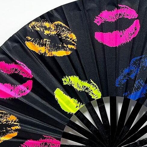 مروحة قابلة للطي UV Glow Rave Bamboo Hand Fan Carnival Decoration Dancing Party Wedding Night Club Club Tai Chi Kung Fu Large (Multicoloured-10) in Kuwait