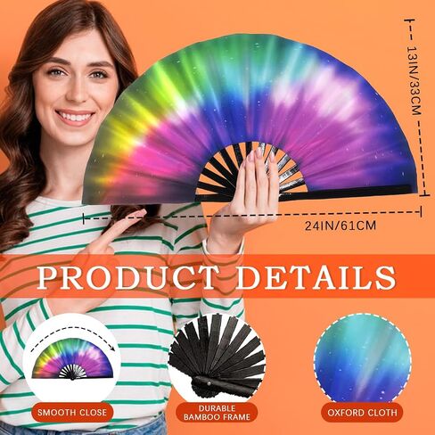 Folding Fan UV Glow Rave Bamboo Summer Hand Fan Dollar Decoration Dancing Party Wedding Night Club Concert Festival Large (Multicoloured-13, M) in Saudi Arabia