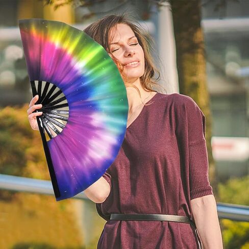 Folding Fan UV Glow Rave Bamboo Summer Hand Fan Dollar Decoration Dancing Party Wedding Night Club Concert Festival Large (Multicoloured-13, M) in Saudi Arabia