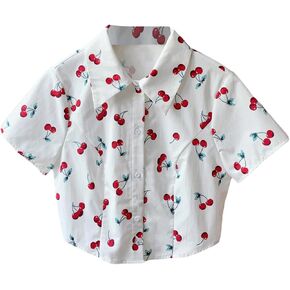 SweatyRocks Girl's Button Down Crop Blouse Cherry Print Collared Short Sleeve Shirts